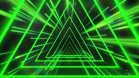 Animation-of-green-and-yellow-neon-light-trails-and-triangles-over-black-background