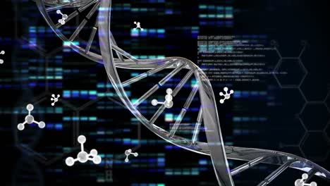 Animation-of-molecules-and-data-processing-over-dna-strand-and-moving-columns-on-black-background
