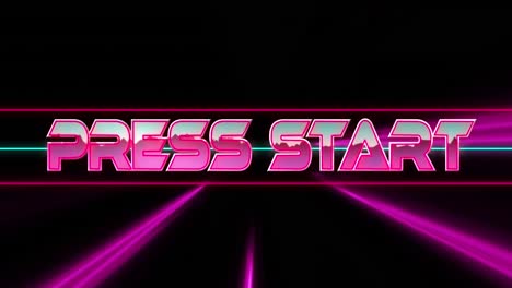 Animation-of-press-start-text-over-neon-light-trails-on-black-background