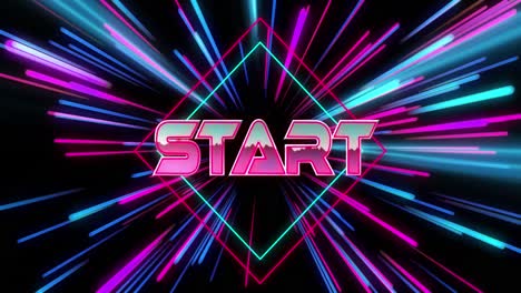 Animation-of-start-text-over-neon-light-trails-on-black-background