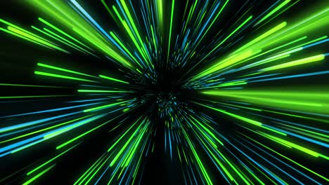 Animation-of-blue-and-green-neon-light-trails-over-black-background