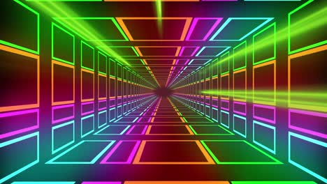 Animation-of-colourful-neon-light-trails-and-digital-tunnel-over-black-background