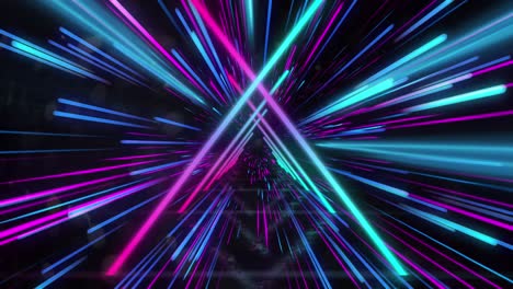 Animation-of-blue-neon-light-trails-and-triangles-over-black-background