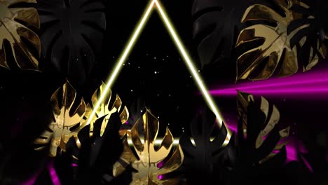 Animation-Von-Bunten-Neonspuren-Und-Dreieck-Mit-Blättern-Auf-Schwarzem-Hintergrund