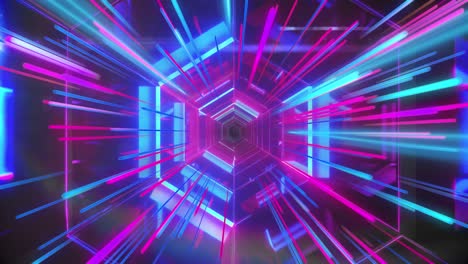 Animation-of-purple-neon-light-trails-and-digital-tunnel-over-black-background