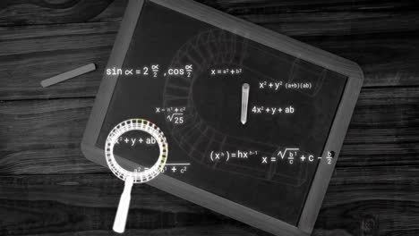 Animation-of-icons-and-mathematical-equations-over-board-on-wooden-background