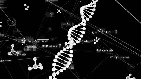 Animation-Von-Verbindungen,-Molekülen-Und-Mathematischen-Gleichungen-über-DNA-Strang-Auf-Schwarzem-Hintergrund