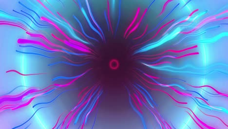 Animation-of-blue-and-pink-neon-light-trails-and-circles-over-black-background