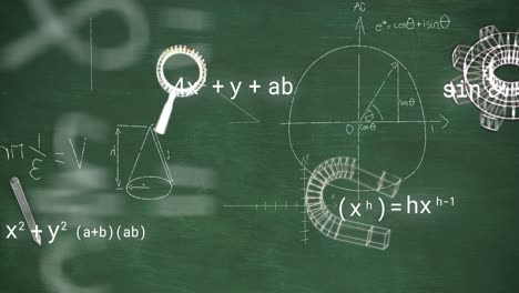 Animation-of-icons-over-mathematical-equations-on-green-background