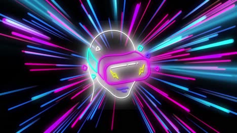 Animation-Eines-Neonkopfes-Mit-VR-Headset-über-Neonlichtspuren-Auf-Schwarzem-Hintergrund