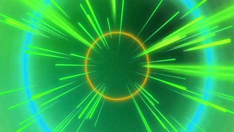 Animation-of-colourful-neon-light-trails-and-circles-over-green-background