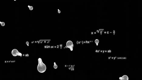Animation-of-light-bulb-icons-over-mathematical-equations-on-black-background