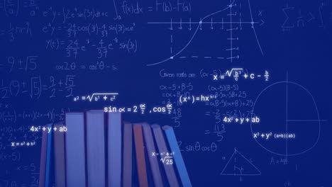 Animation-of-mathematical-equations-over-books-on-blue-background