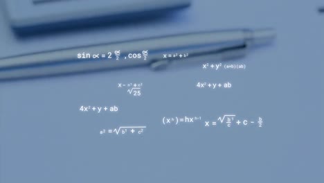Animation-of-mathematical-equations-over-notebook-with-pen-and-calculator