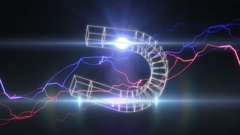 Animation-of-magnet-icon-with-lightning-over-light-trails-on-black-background