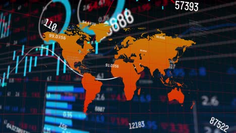 Animation-of-changing-numbers-and-world-map-over-statistical-and-stock-market-data-processing