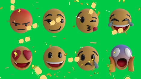 Animation-Von-Reihen-Von-Emoji-Symbolen,-Die-Sich-Auf-Grünem-Bildschirmhintergrund-Bewegen