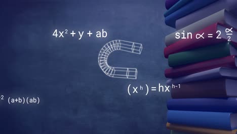Animation-Von-Symbolen-Und-Mathematischen-Gleichungen-über-Büchern-Auf-Grauem-Hintergrund