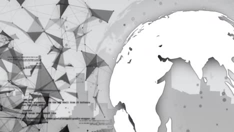 Animation-Eines-Sich-Drehenden-Globus,-Plexusnetzwerken-Und-Datenverarbeitung-Vor-Grauem-Hintergrund