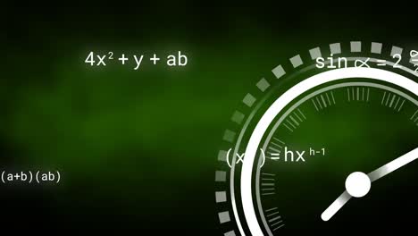 Animation-of-mathematical-equations-over-clock-on-green-background