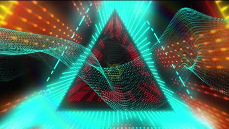 Animation-Eines-Neontunnels-Mit-Dreieckigem,-Lebendigem-Musterhintergrund