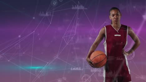 Animation-of-network-of-connections-over-biracial-female-basketball-player