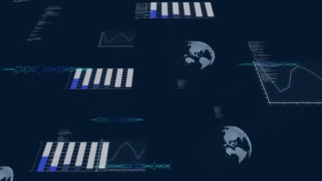 Animation-Von-Globen-Und-Computerdatenverarbeitung-Auf-Dunklem-Hintergrund