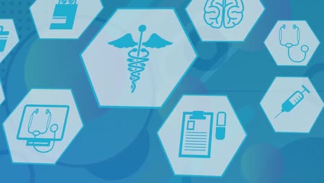 Animation-of-medical-icons-and-data-processing-over-blue-background