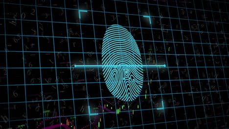 Animation-of-biometric-fingerprint-and-data-processing-over-grid-on-black-background