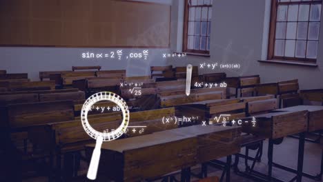 Animation-of-mathematical-equations-and-icons-over-empty-classroom