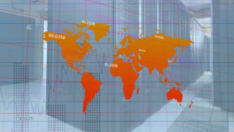 Animation-Der-Statistischen-Datenverarbeitung-über-Der-Weltkarte-Im-Vergleich-Zum-Computerserverraum