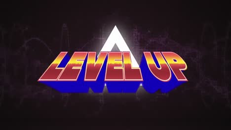 Animation-Von-Level-Up-Text-über-Neonfarbenem-Dreiecksmuster-Auf-Schwarzem-Hintergrund