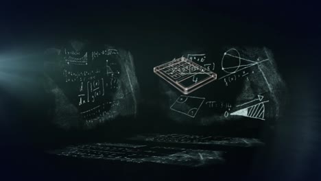Animation-of-school-icons-over-mathematical-equations-on-black-background