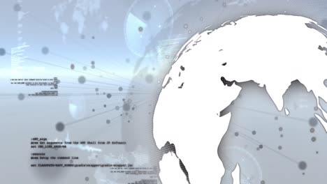 Animation-Von-Grauen-Flecken,-Sich-Drehendem-Globus,-Datenverarbeitung-Und-Blauen-Lichtspuren-Auf-Grauem-Hintergrund