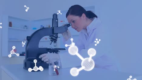 Animation-of-molecules-over-caucasian-female-scientist-using-microscope-in-lab