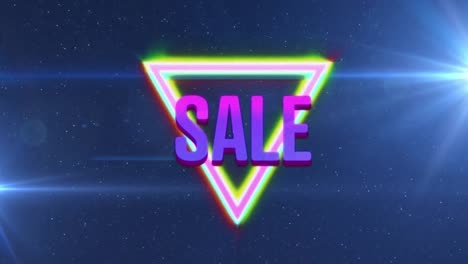 Animation-of-sale-text-over-neon-triangles-on-blue-background