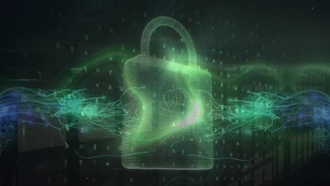 Animation-of-security-padlock-icon,-digital-wave-and-network-of-connections-on-green-background