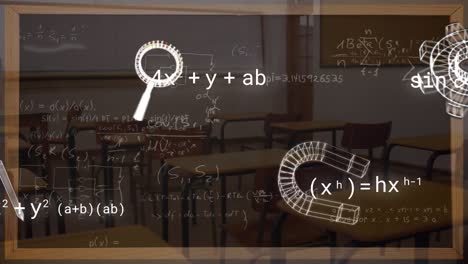 Animation-of-icons-and-mathematical-equations-over-empty-classroom