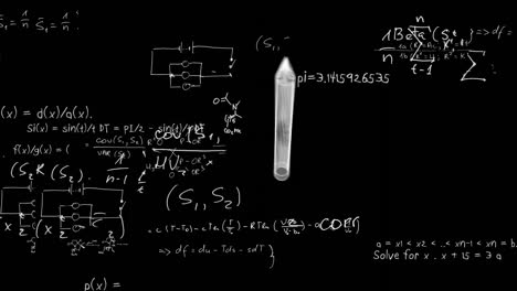 Animation-Des-Stiftsymbols-über-Mathematischen-Gleichungen-Auf-Schwarzem-Hintergrund