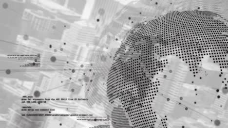 Animation-of-black-spots,-spinning-globe-and-data-processing-against-cityscape