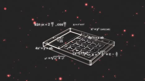 Animation-of-calculator-icon-and-mathematical-equations-over-red-spots-on-black-background