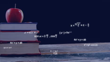 Animation-of-mathematical-equations-over-books-and-apple-on-black-background