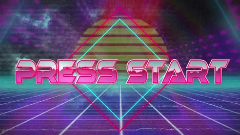 Animation-of-press-start-text-over-neon-shapes