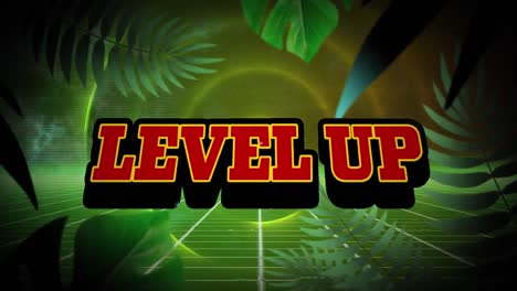 Animation-of-level-up-text-over-tropical-leaves-and-grid