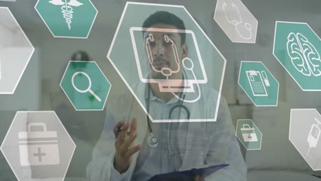 Animation-of-network-of-connections-and-medical-icons-over-biracial-male-doctor