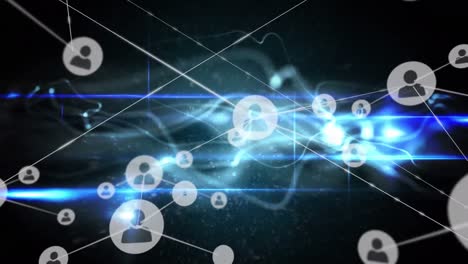 Animation-of-network-of-profile-icons-and-glowing-blue-wavy-light-trails-against-black-background