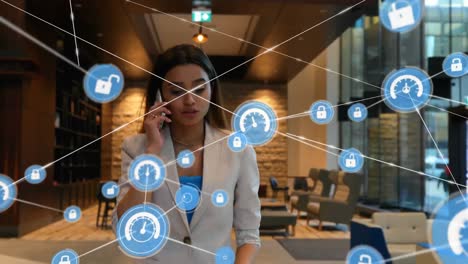 Animation-of-network-of-connections-over-asian-businesswoman-using-smartphone