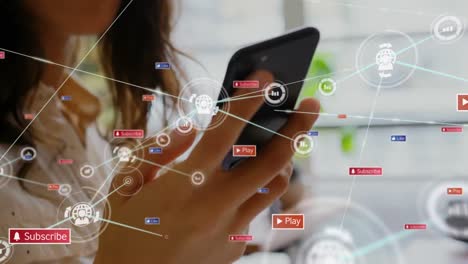 Animation-of-network-of-connections-and-social-media-icons-over-caucasian-woman-using-smartphone