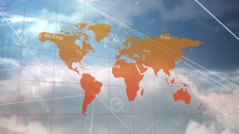 Animation-Des-Netzwerks-Von-Verbindungen-über-Der-Weltkarte-Vor-Wolken-Am-Blauen-Himmel