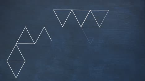 Animation-of-white-triangles-with-light-trails-over-blue-background